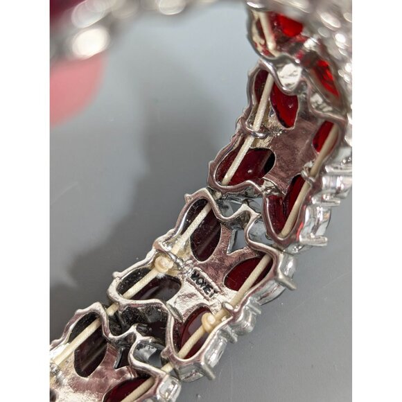 Monet Red Rhinestone Tennis Bracelet 7" Stretch Silver Tone - Picture 5 of 8